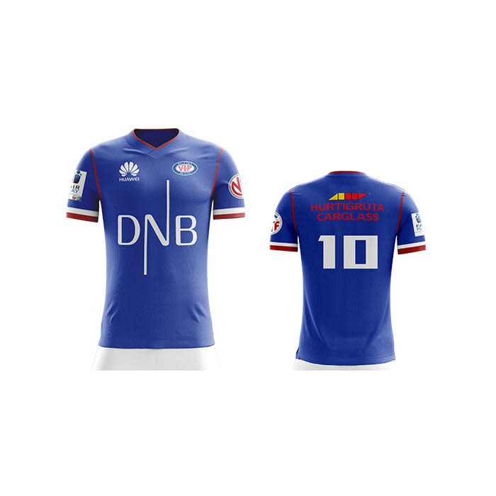 A blue soccer jersey featuring short sleeves, a logo on the front, and a number 10 on the back.