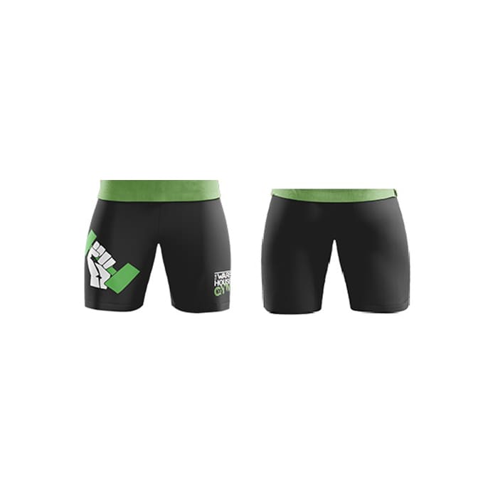 Black sports shorts with a green waistband, featuring a logo on one side. Designed for soccer or touch football.
