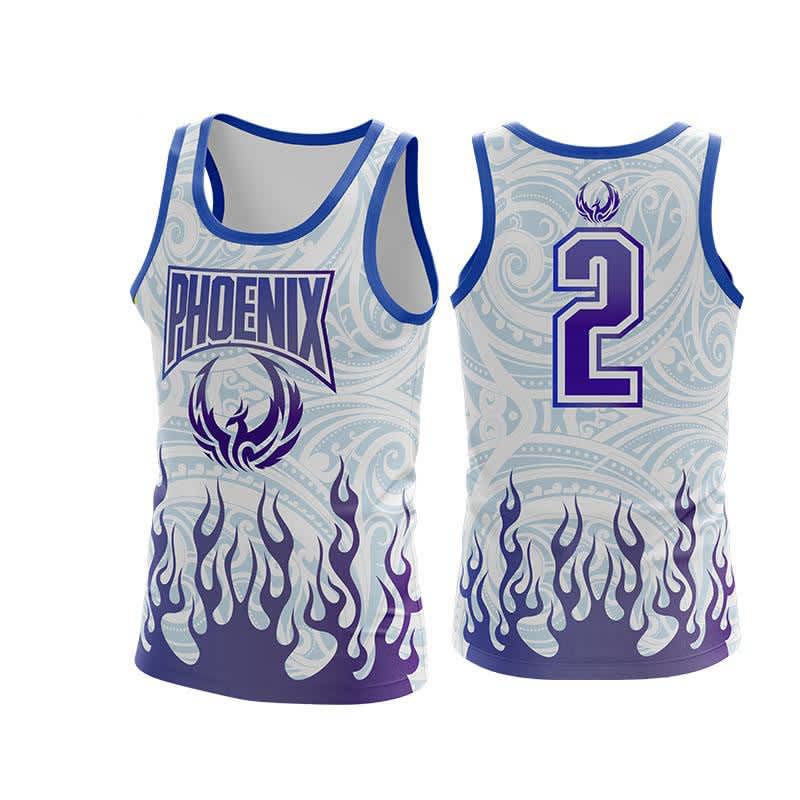 A sports singlet featuring a blue and white design with flame patterns and a number 2 on the back. It has a logo.
