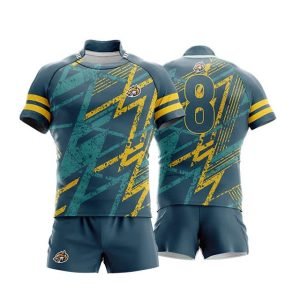 A rugby jersey featuring a teal colour with yellow stripes and a bold graphic design. It has a number '8' and a logo.