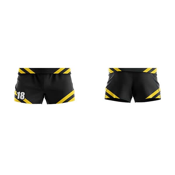 Black sports shorts with yellow diagonal stripes, featuring a number on one side and a logo.