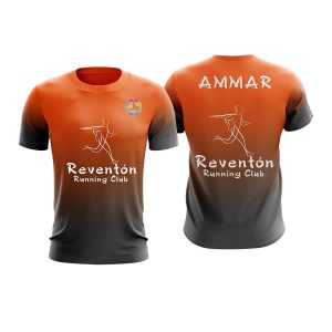 A sports training top featuring an orange and black gradient design, with a logo and text on both sides.