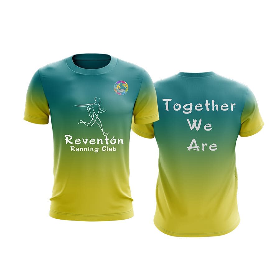 A sports jersey in teal and yellow gradient with a logo and text on the front and back.