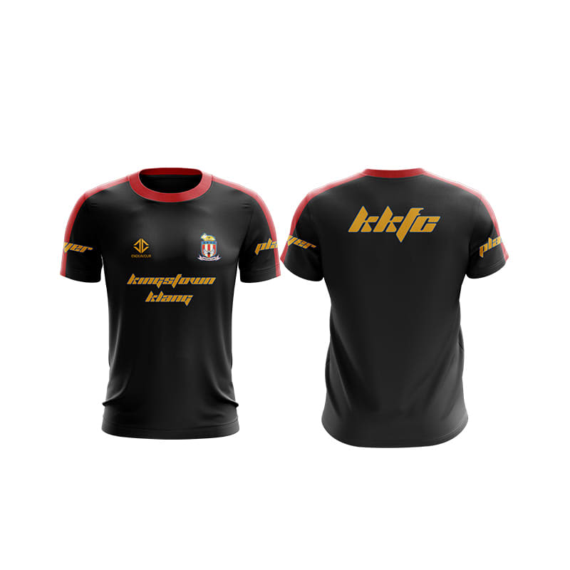 A black sports training top with red sleeves, featuring logos and gold text on both the front and back.