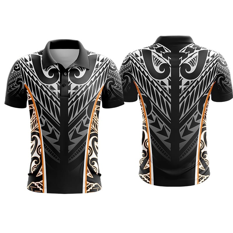 A black polo shirt featuring intricate tribal patterns in grey and orange, with a logo on the chest.