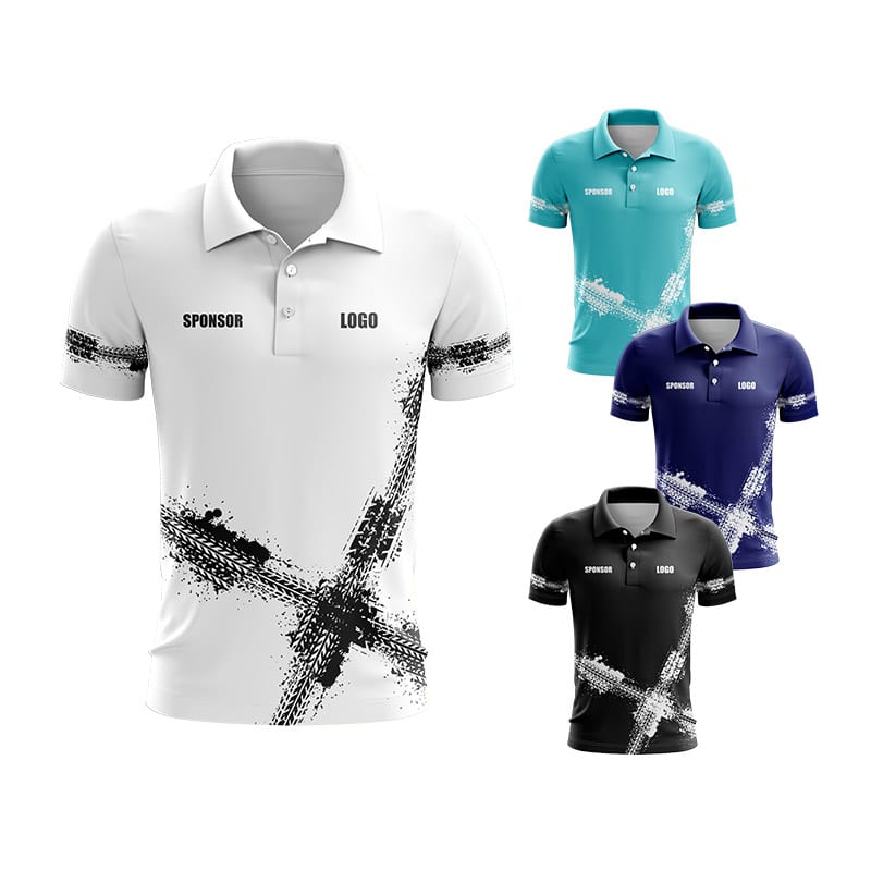 Four polo shirts in white, turquoise, navy blue, and black, each featuring a logo and a graphic design.