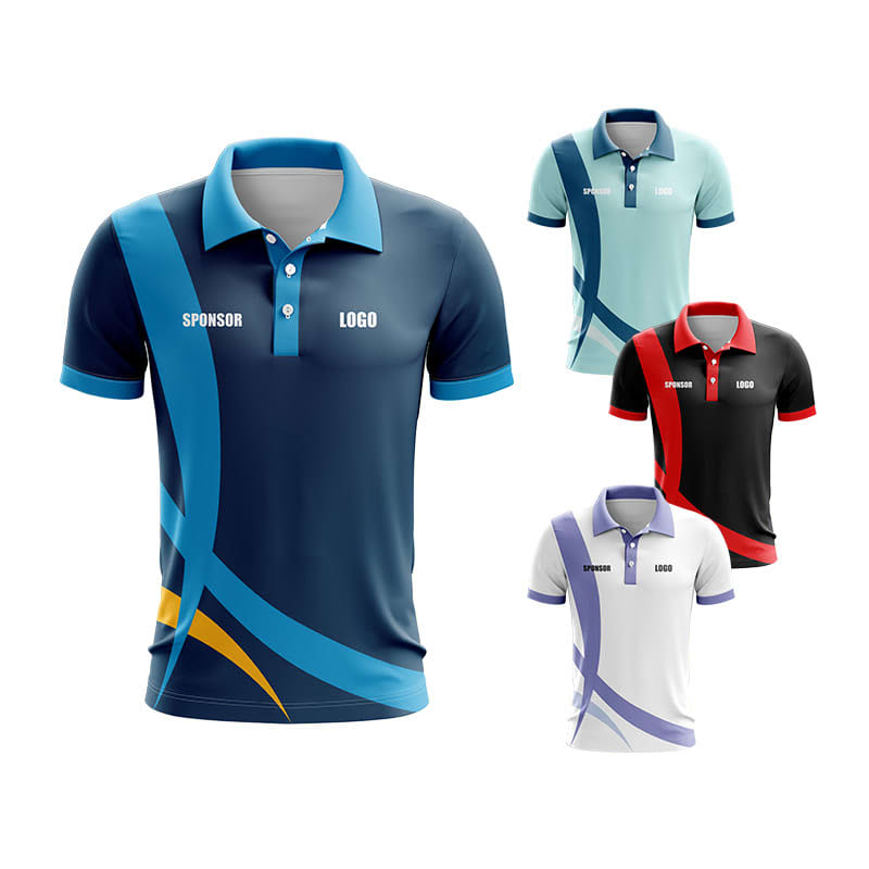Four polo shirts in navy blue, light blue, black, and white with a logo, featuring dynamic designs.