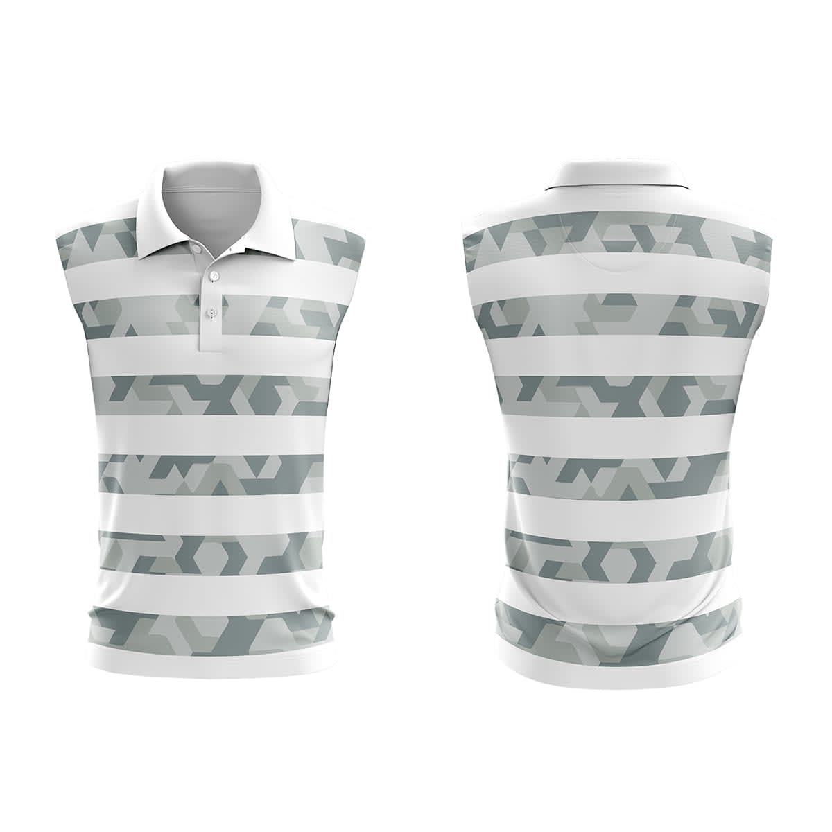 A sleeveless polo shirt in a grey and white striped design, featuring a collar and a logo.