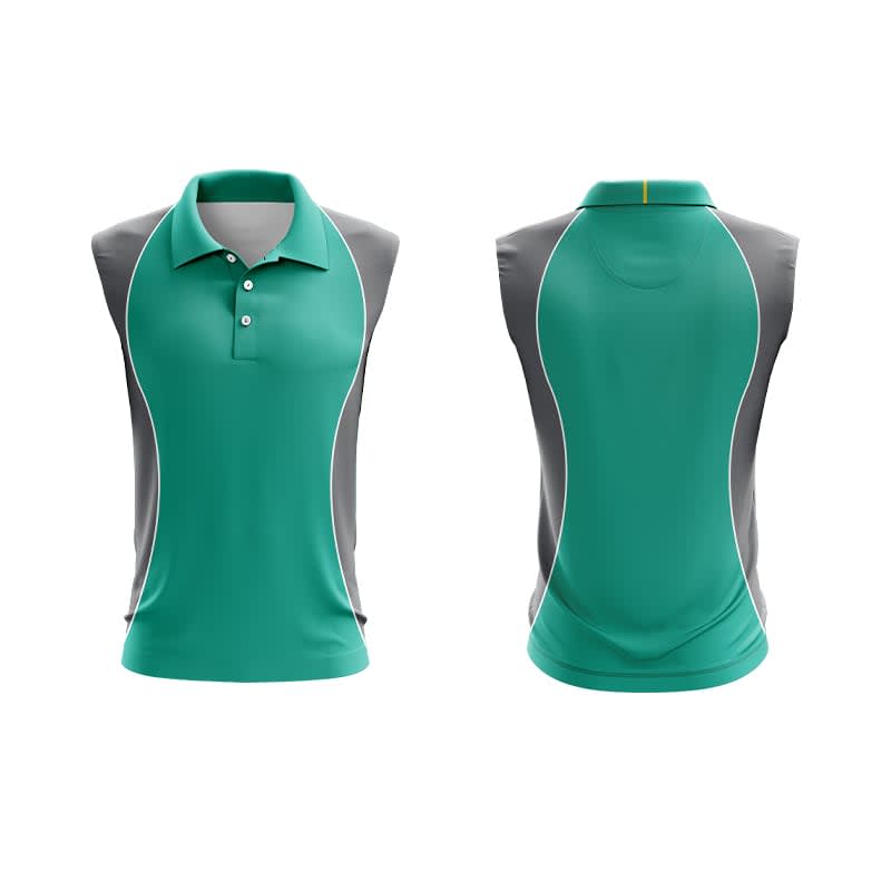 A sleeveless polo shirt in teal and grey with a collar and a logo. Features a streamlined design and sporty look.