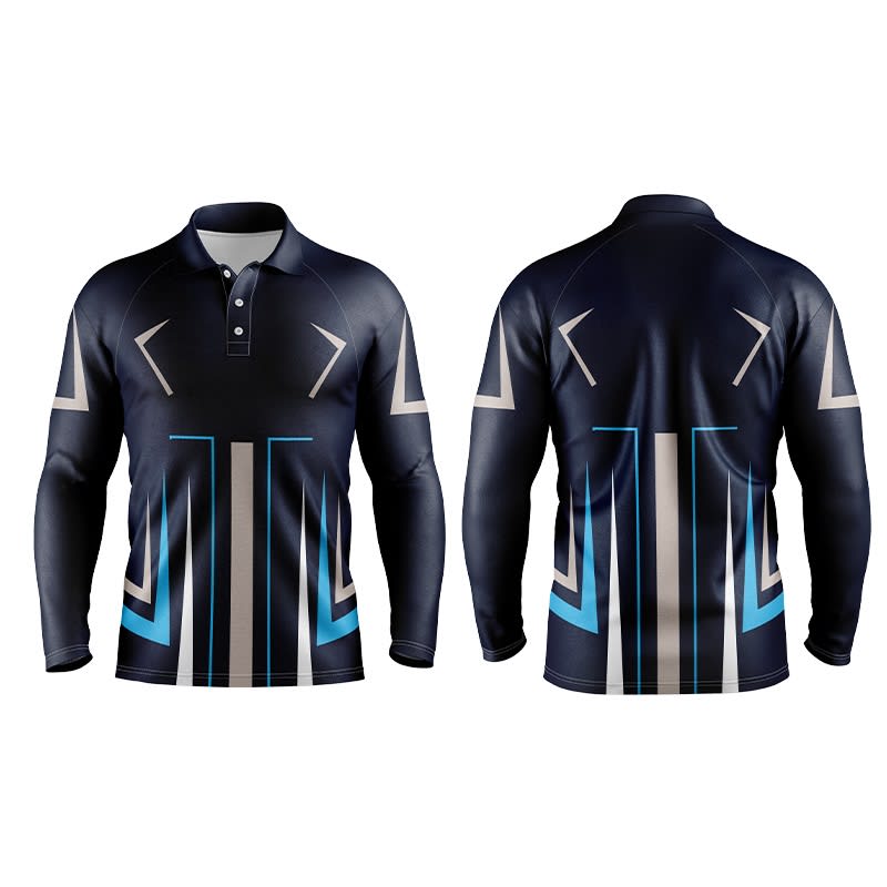 A long sleeve polo shirt in navy blue with geometric patterns in light blue and white, featuring a logo.
