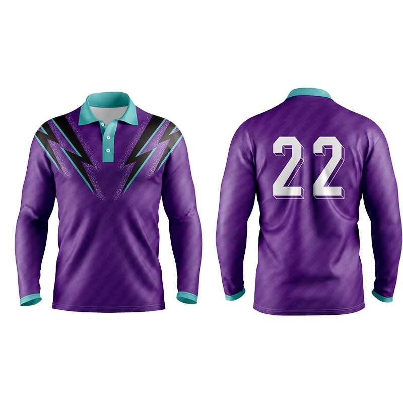 A purple long sleeve polo shirt with a turquoise collar and a lightning bolt design, featuring the number 22 on the back.