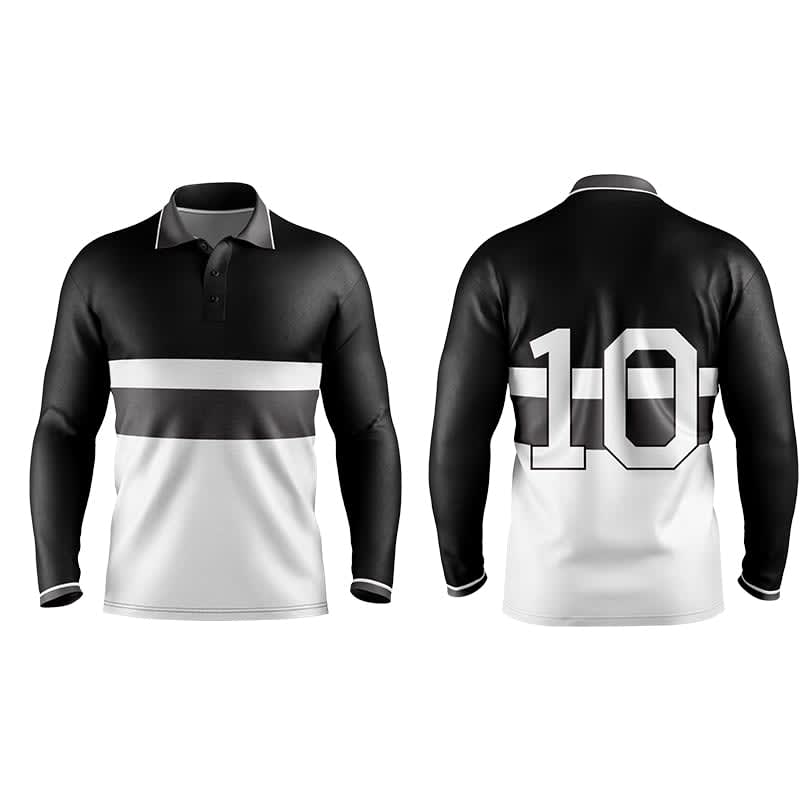 A black and white long sleeve polo shirt with a striped design and a number 10 on the back, featuring a logo.