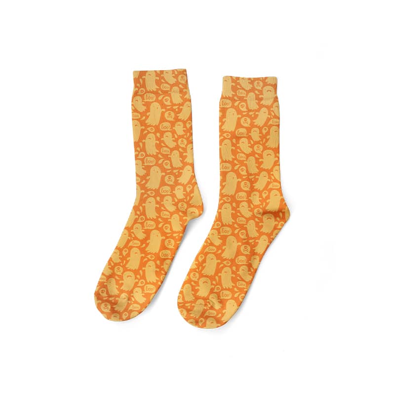 A pair of orange socks featuring a repeating pattern of various animal shapes and a logo.