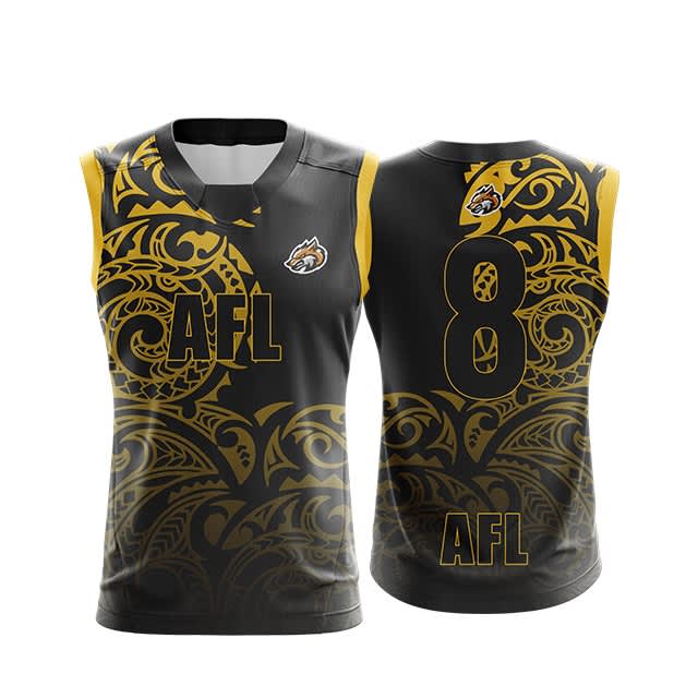 A black and gold AFL jersey featuring a patterned design and a logo. The back displays the number 8.