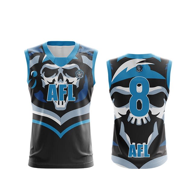 A black and blue AFL jersey featuring a skull design and a number 8, with a logo on the front.