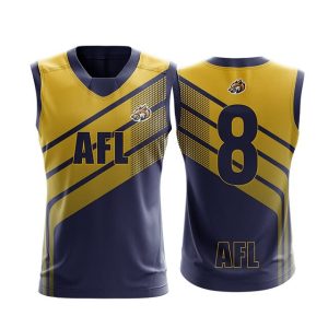A navy and gold AFL jersey featuring a logo and a large number 8, designed for sports uniforms.
