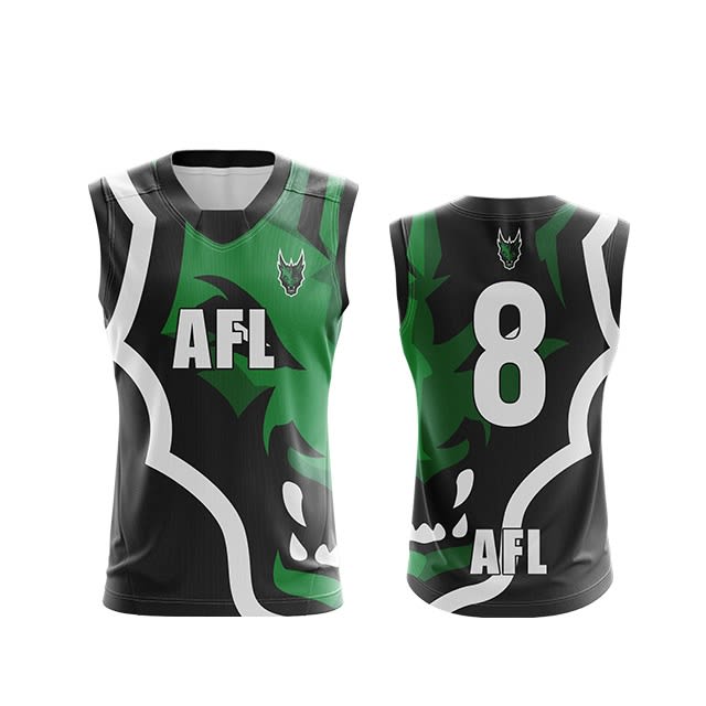 AFL jersey featuring a black and green design with a logo, number 8, and a sleeveless cut.