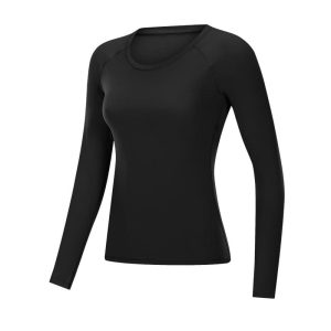 A black long sleeve yoga top featuring a fitted design and a crew neckline. It includes a small logo on the fabric.
