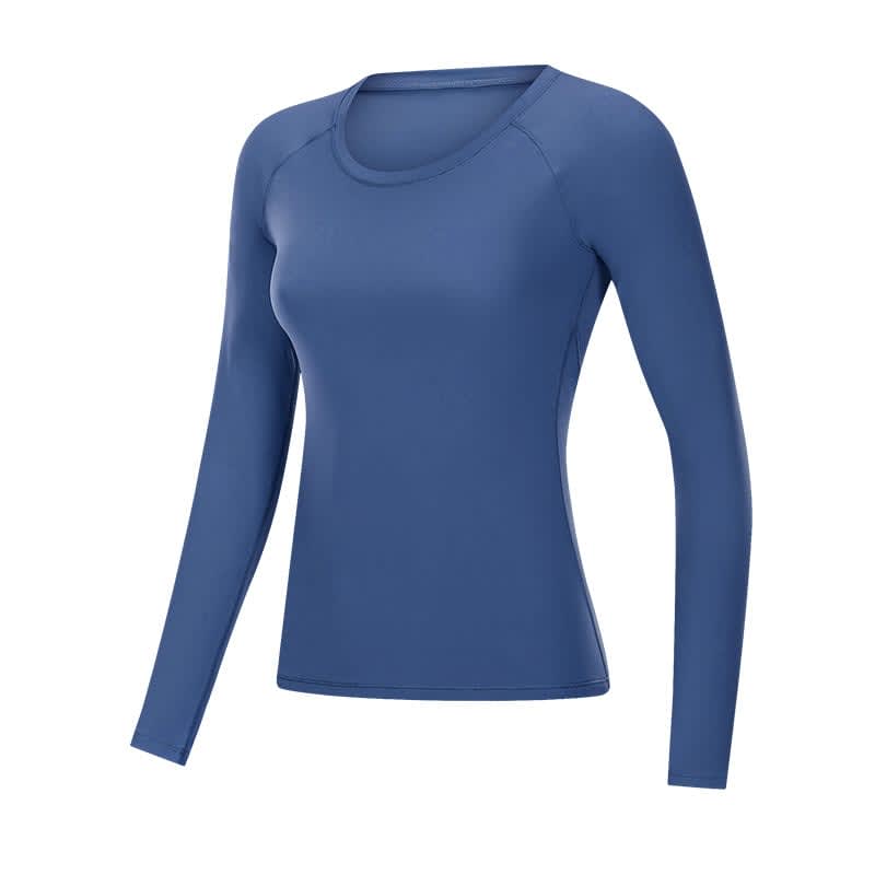 A long sleeve top in a deep blue colour, featuring a fitted design and a round neckline. It has a logo on the sleeve.
