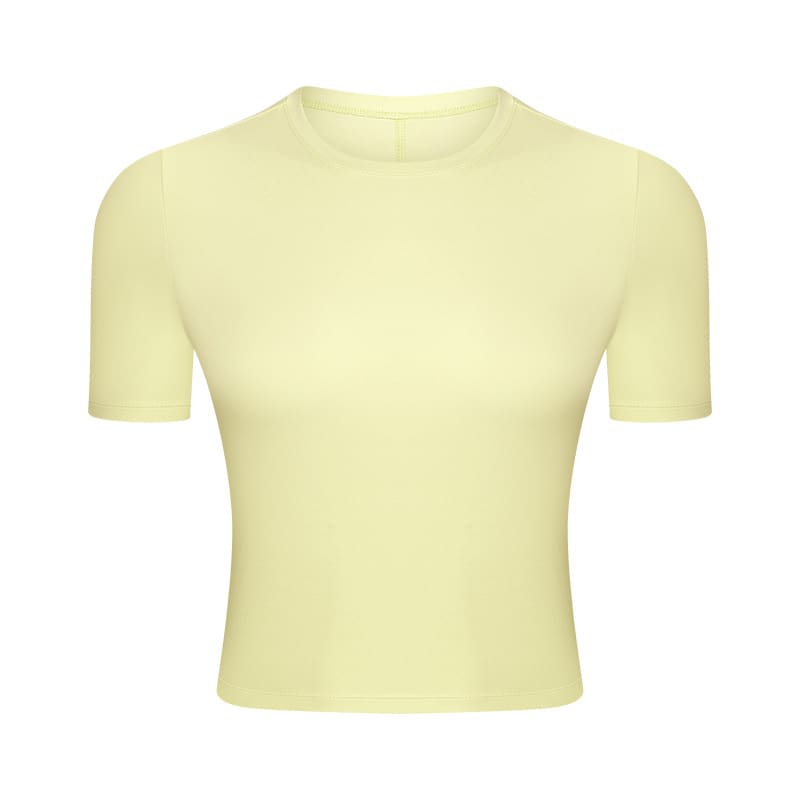 A short sleeve top in a soft yellow colour with a fitted design and a logo on the front.
