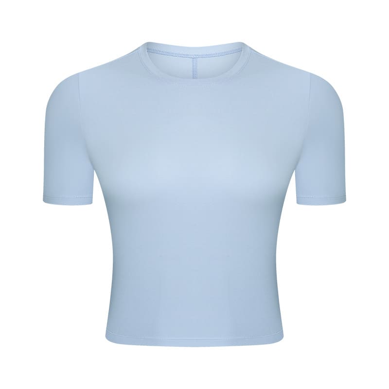 A light blue short sleeve yoga top featuring a fitted design and a logo.