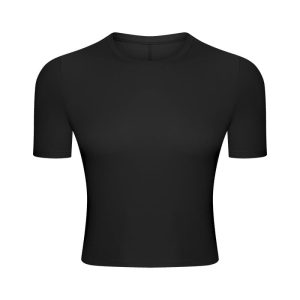 A black short sleeve yoga top with a fitted design, featuring a seamless construction. It has a simple styling and no visible logos.