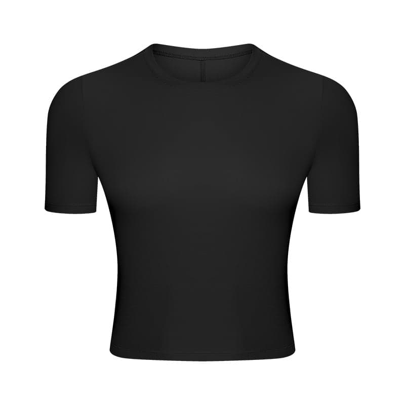 A black short sleeve yoga top with a fitted design, featuring a seamless construction. It has a simple styling and no visible logos.
