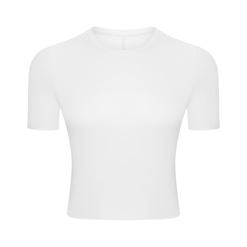 A short sleeve white yoga top with a fitted design, featuring a seamless finish and branding.