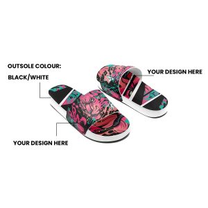 Slides with a black and white outsole, featuring vibrant graphic designs in pink, green, and black.