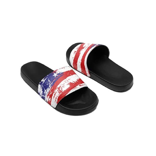 Slides featuring a red, white, and blue design with a black sole. Includes a simple logo on the strap.