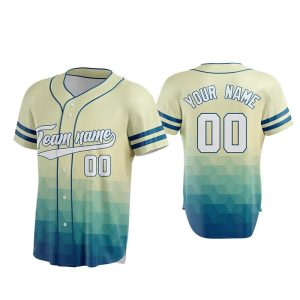 A baseball jersey in gradient shades of cream to teal, featuring a logo and space for personalisation.