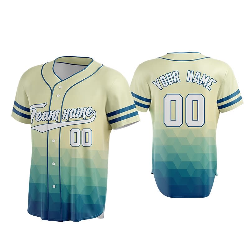 A baseball jersey in gradient shades of cream to teal, featuring a logo and space for personalisation.