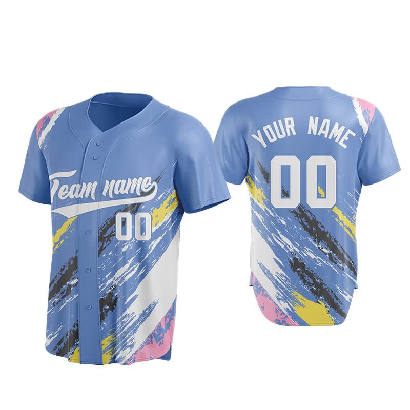 A blue baseball jersey with a colourful abstract design, featuring a logo and spaces for a name and number.