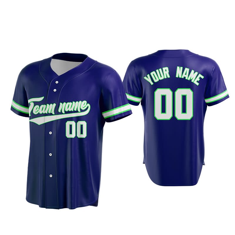 A navy baseball jersey featuring green accents and a logo on the front, with a name and number on the back.