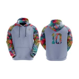 A pullover hoodie in grey with vibrant floral-patterned sleeves and a decorative number on the back.