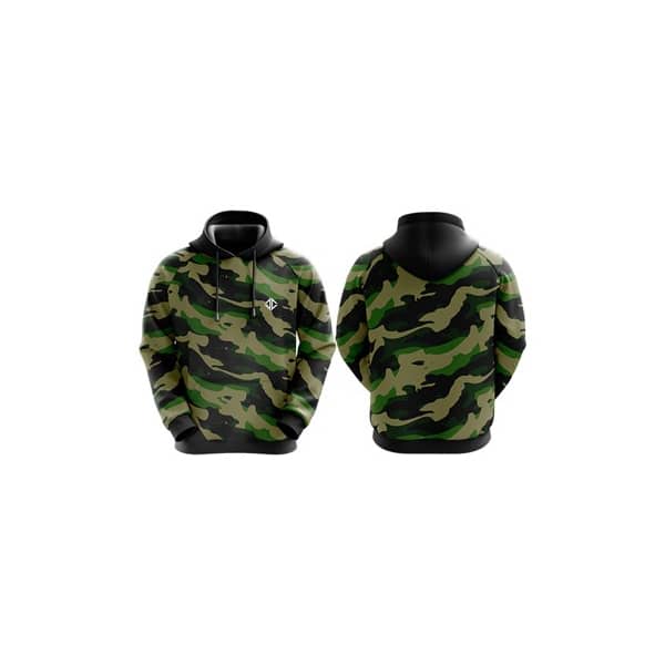 A camo-patterned pullover hoodie featuring long sleeves and a hood. It includes a small logo on the front.