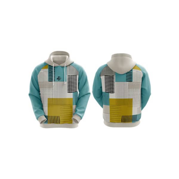 A pullover hoodie with a geometric pattern in turquoise, yellow, black, and white. It has a logo on it.