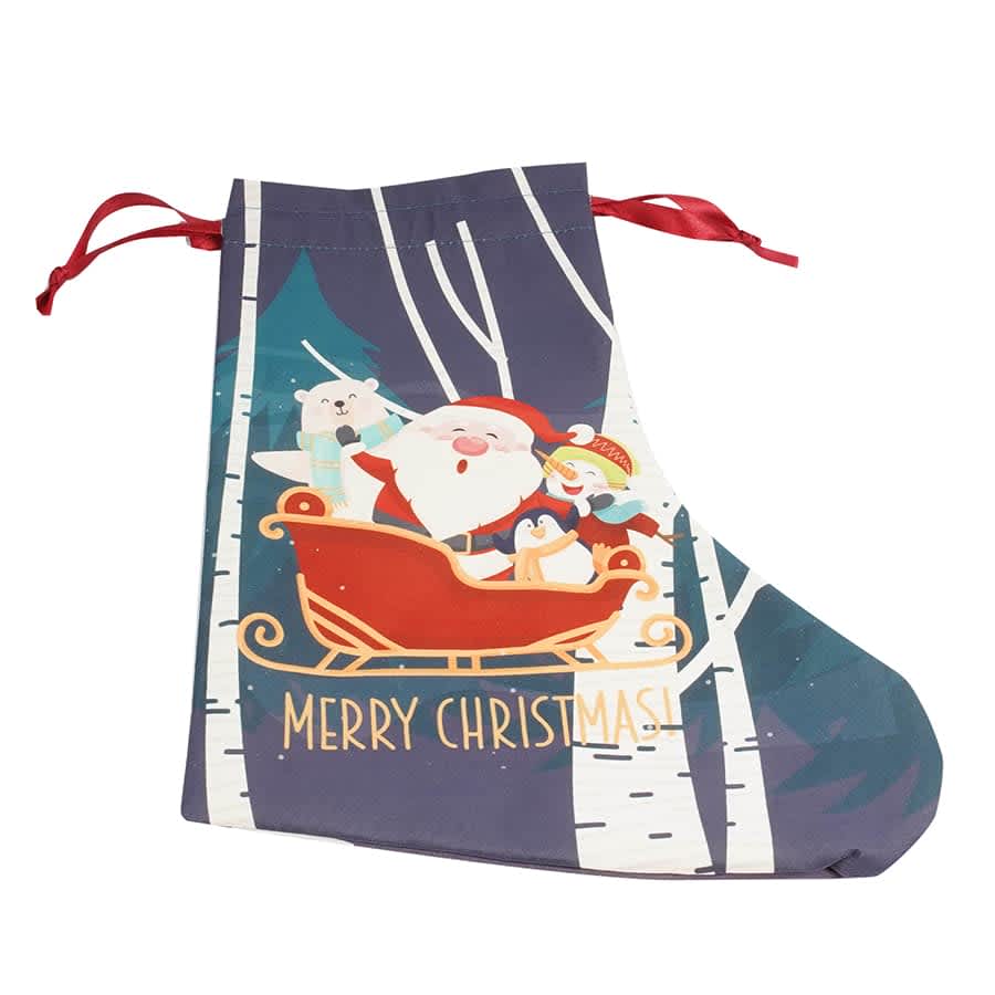 A festive Santa sock gift tote in blue with a cheerful Christmas design featuring Santa, animals, and a sleigh.