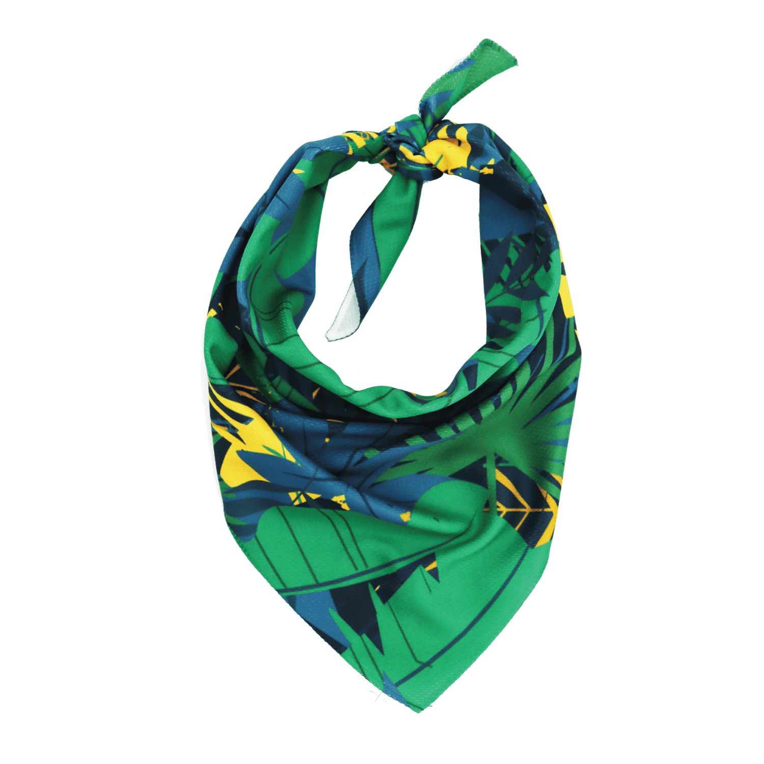 A green and blue patterned cooling bandana featuring vibrant yellow accents and a knot at the top.