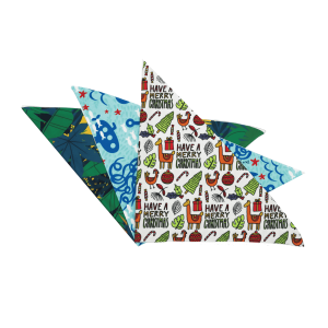 A set of fabric bandanas in various patterns and colours, featuring festive designs and vibrant prints. Each has a logo.