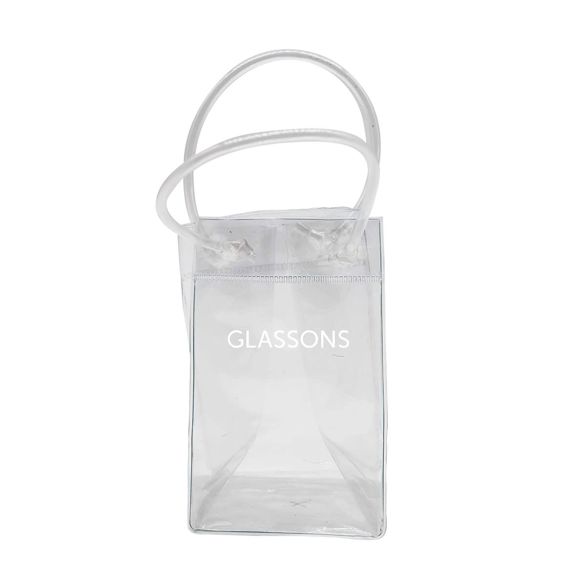 A transparent small cooler bag with clear handles and a logo printed on the front.