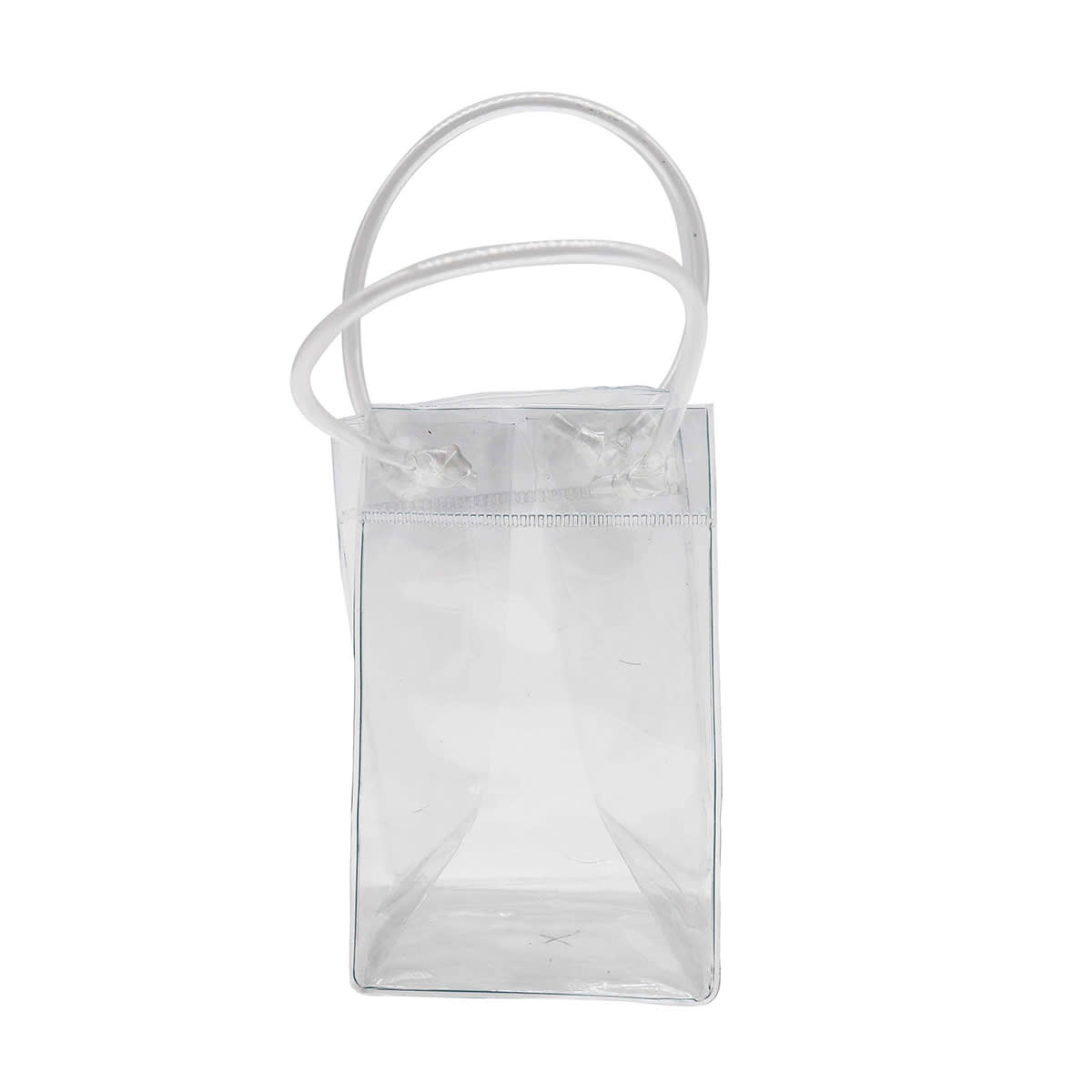 A small, clear cooler bag with transparent handles, featuring a minimalistic design and a logo.