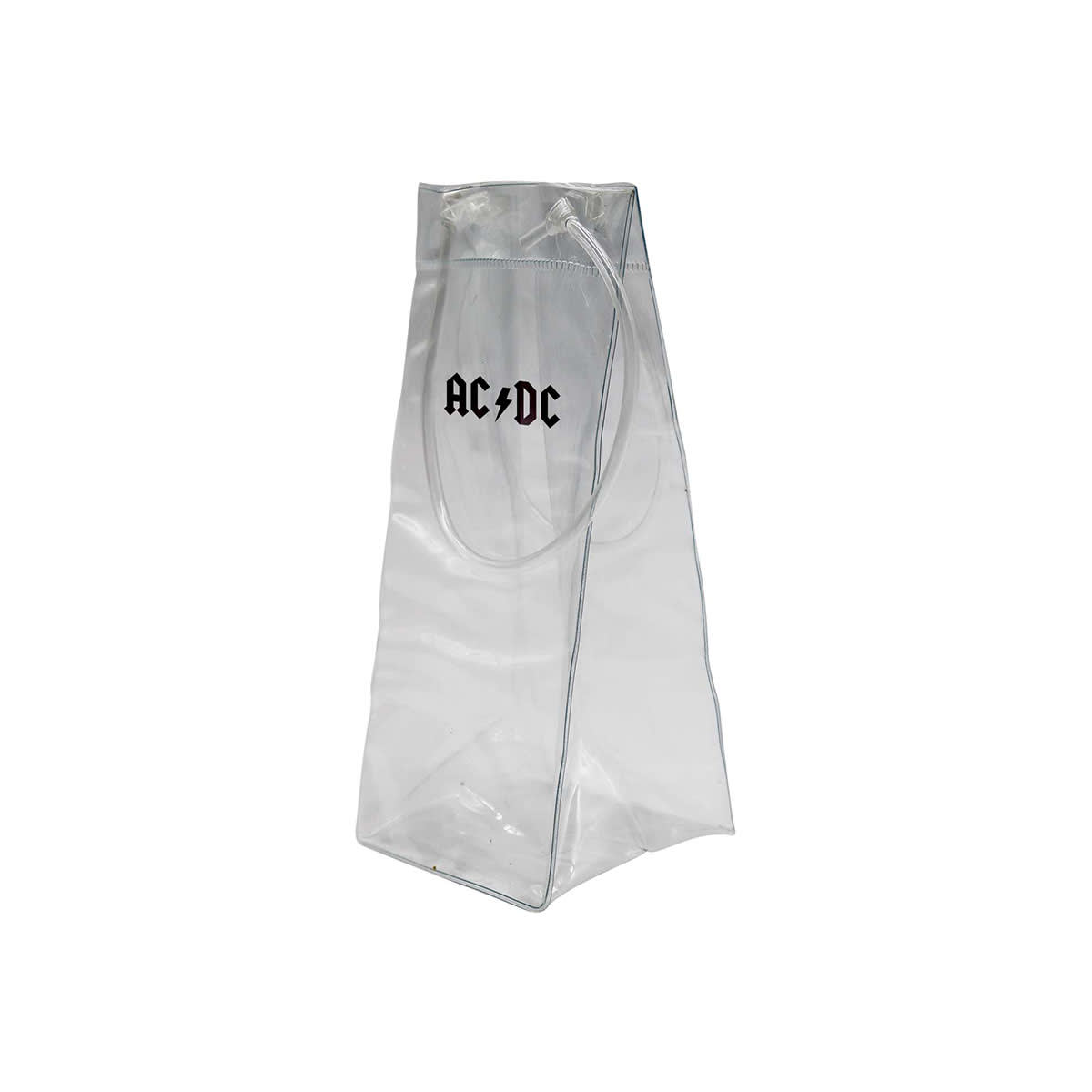 A transparent medium cooler bag with an embossed logo, featuring a simple geometric design.