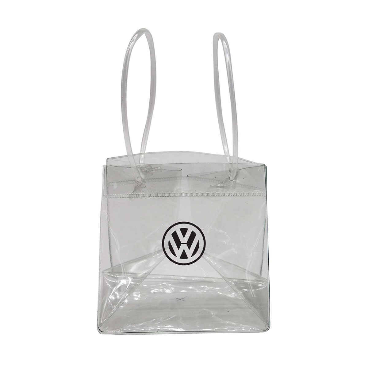 A clear cooler bag with two handles and a logo on the front.