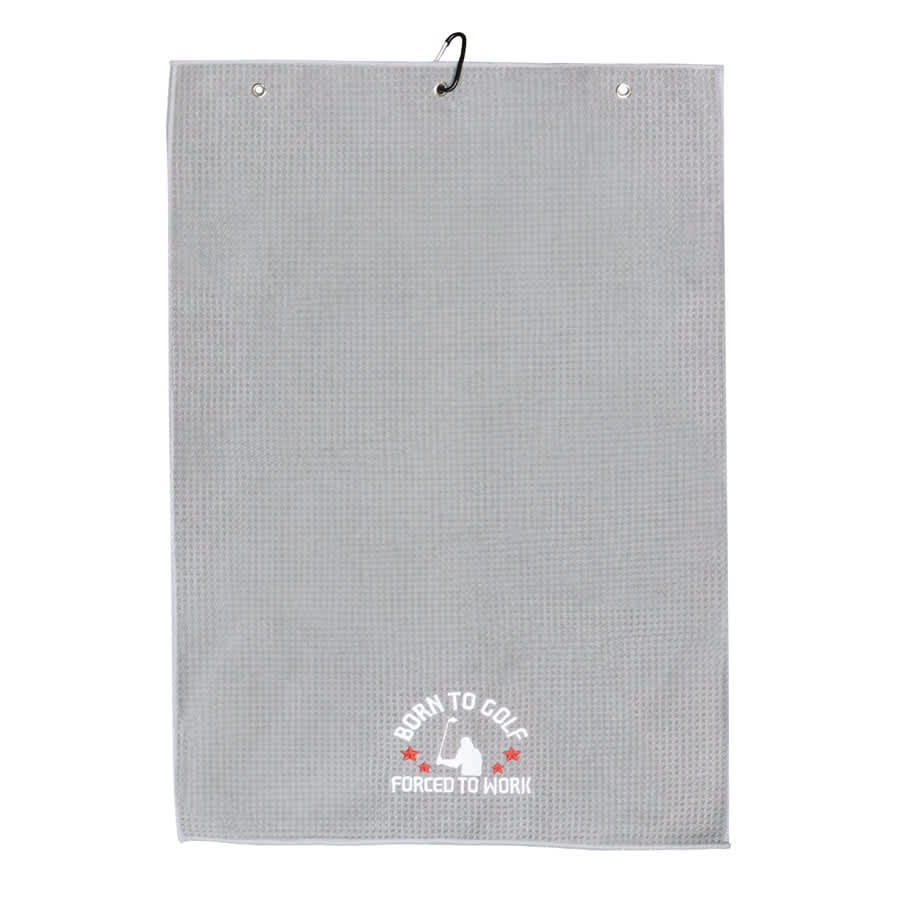 A grey golf towel with a loop for hanging and a logo printed at the bottom.