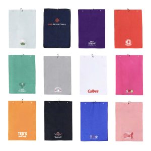 A collection of various golf towels in multiple colours, featuring different designs and logos, arranged in a grid.