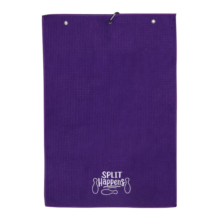 A purple golf towel with a textured surface and an attached loop for hanging, featuring a logo.