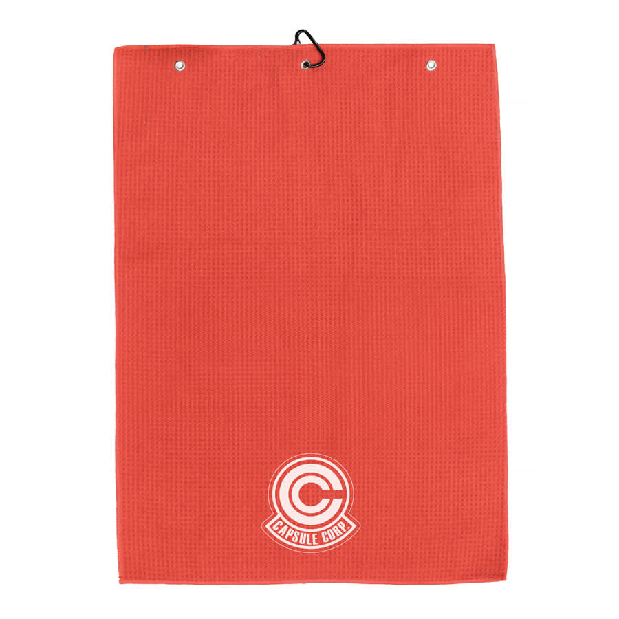 A red golf towel featuring a logo, designed with a hanging hook for convenience.