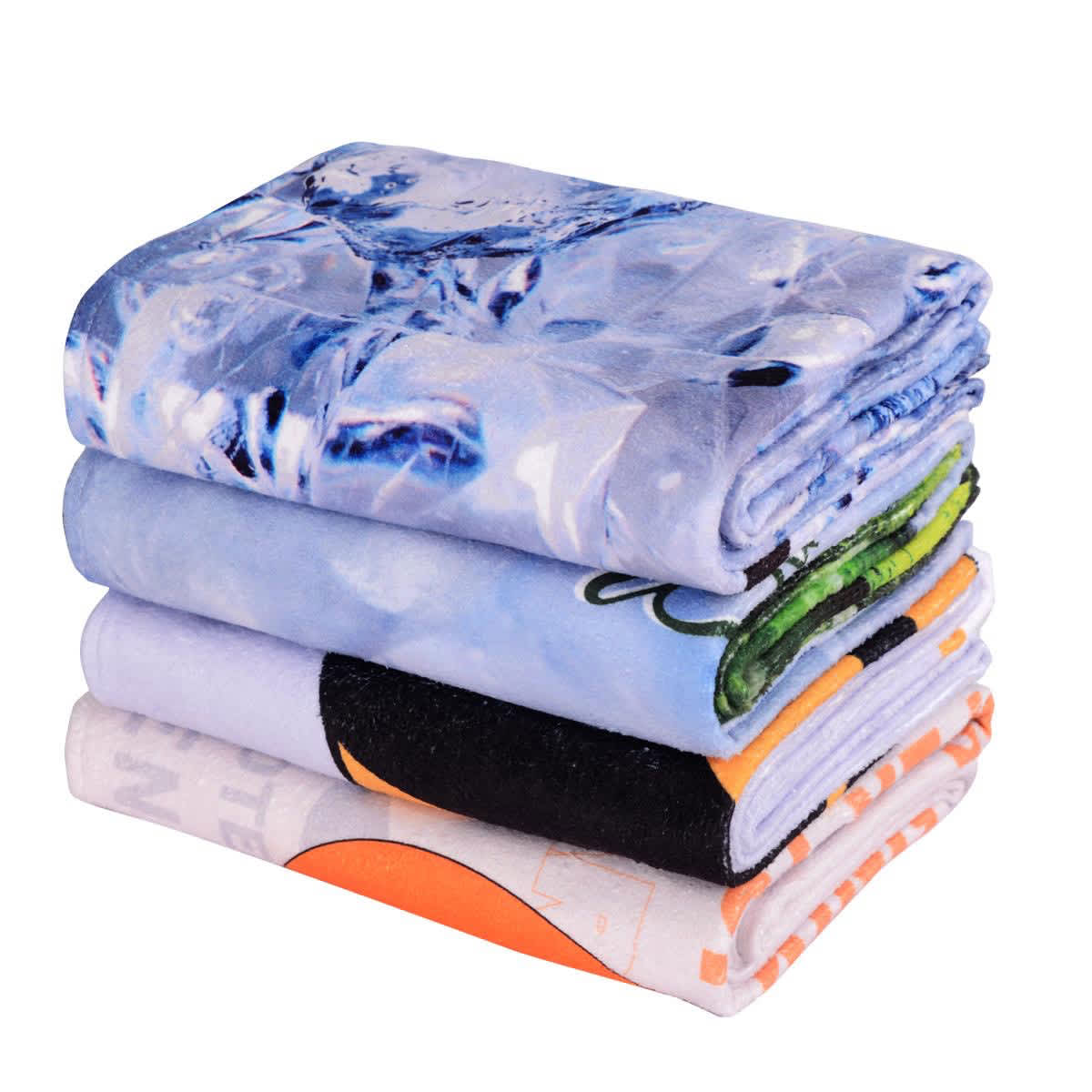 A stack of four face washers in various colours, featuring different patterns and a logo on one of the towels.