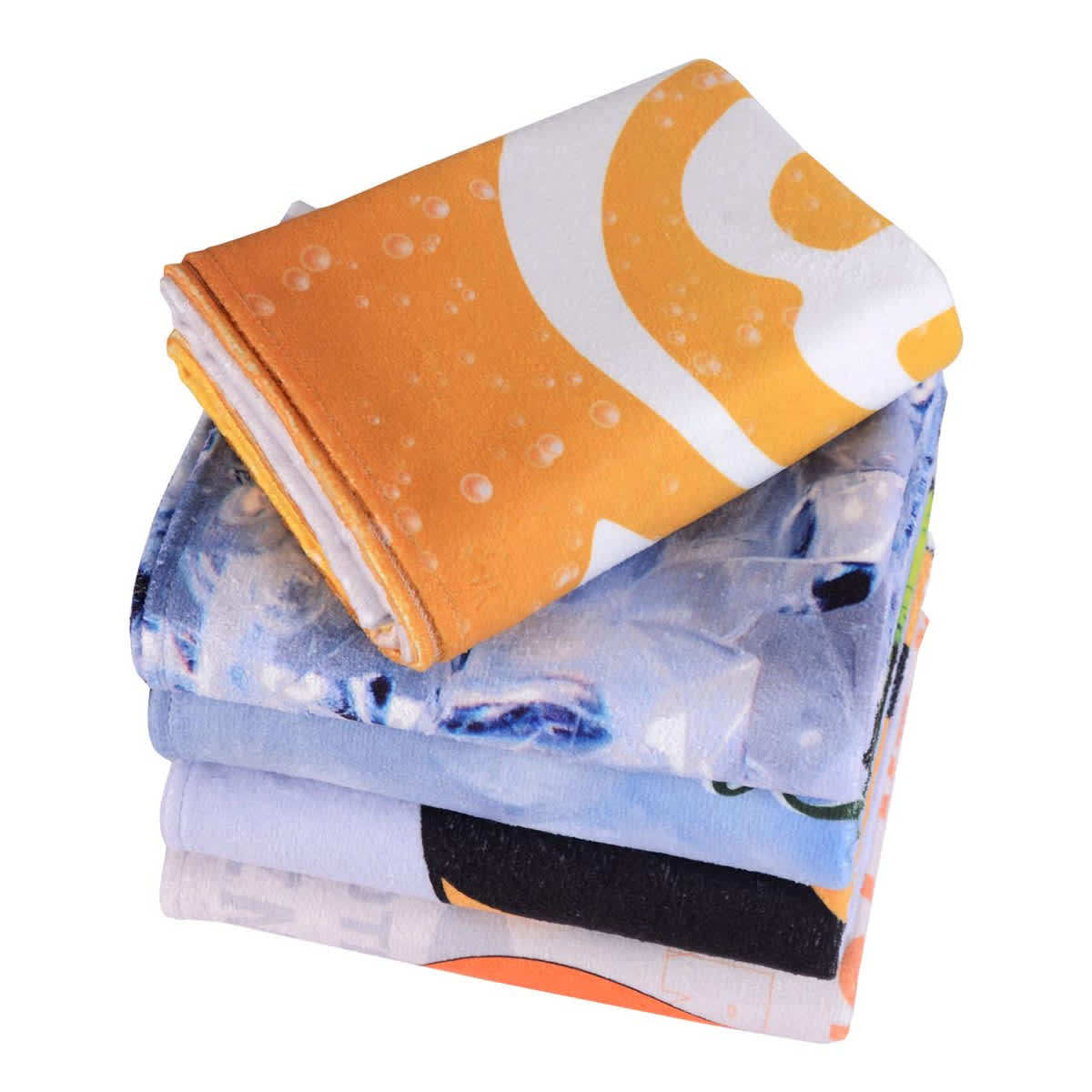 A stack of five colourful face washers featuring various designs, including orange and blue patterns, with a logo.